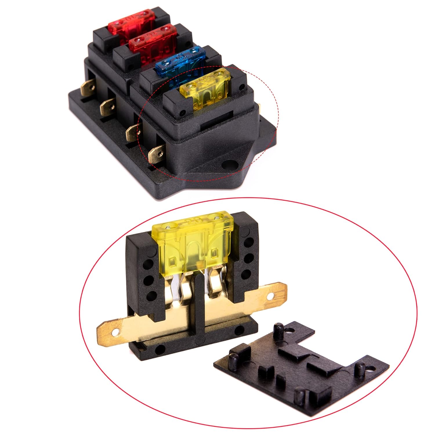 Ginsco 12V 24V 4 Way Fuse Block Waterproof Quick Disconnect Fuse Box Holder Panel with 5A 10A 15A 20A 30A Standard Blade Fuses Spade Connector Set for Car Boat Bus RV Truck Marine : Automotive