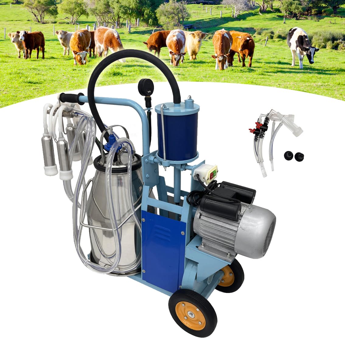 EQCOTWEA Electric Milker Milking Machine 550W Piston Milker Machine for Cow/Sheep Cow Goat Piston Milker with 25L Barrel, Milking 10-12 Cows/H, Farm Suction Milking Equipment for Cow Goats