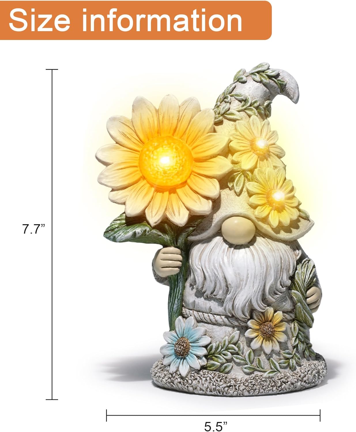 basen Solar Garden Gnome Statue with Glowing Daisy Flower, Outdoor Solar Gnome Figurine Decor for Yard Lawn Patio, Resin Garden Gnome Decoration with LED Light for Garden Landscape Ornament