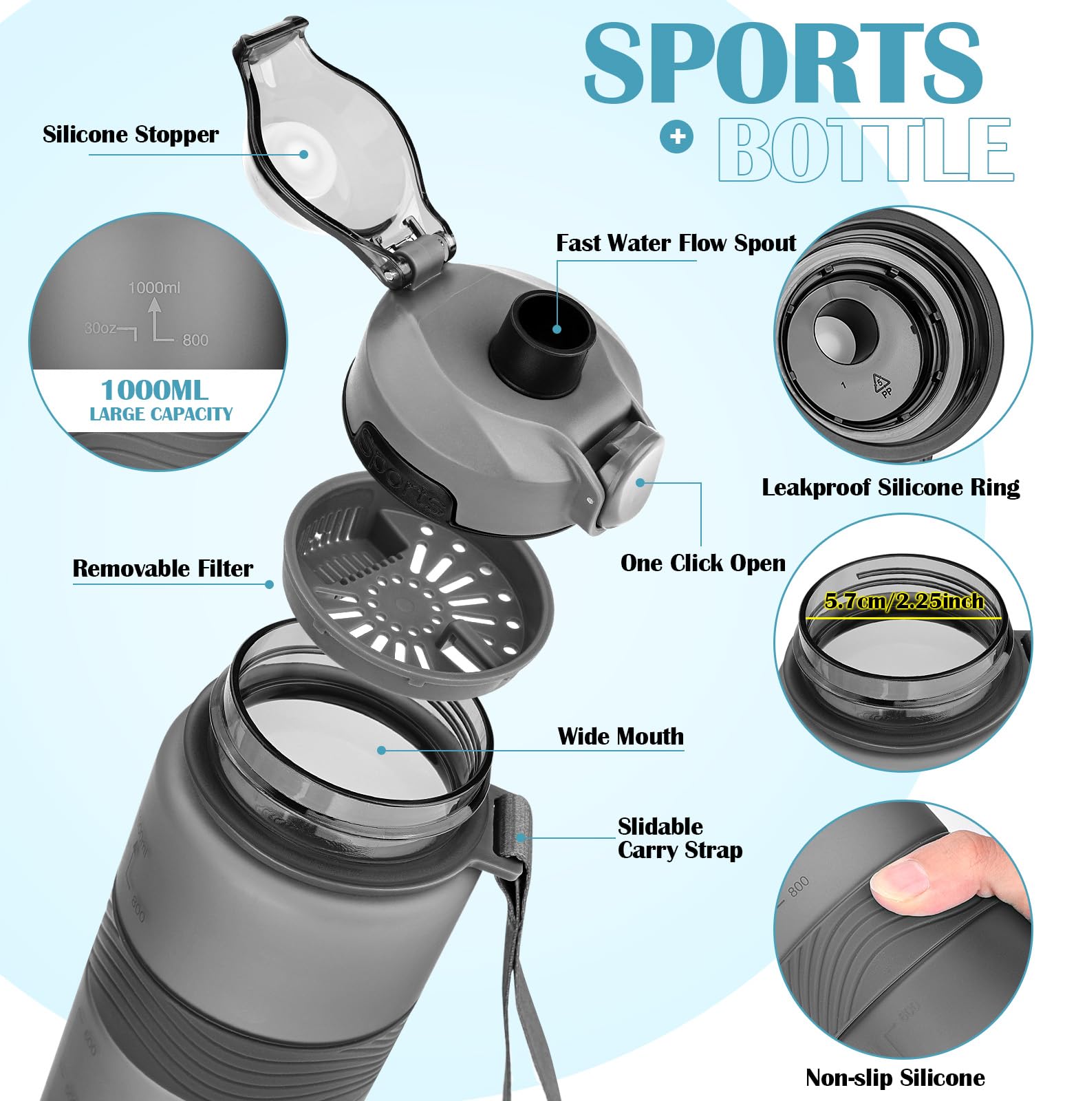 CodiCile Botella Agua, Botella de Agua Deportiva sin BPA, Botella Gimnasio a prueba de fugas, Botella agua 1 litro ideal para gym, escuela, oficina y viajes (Gris oscuro)
