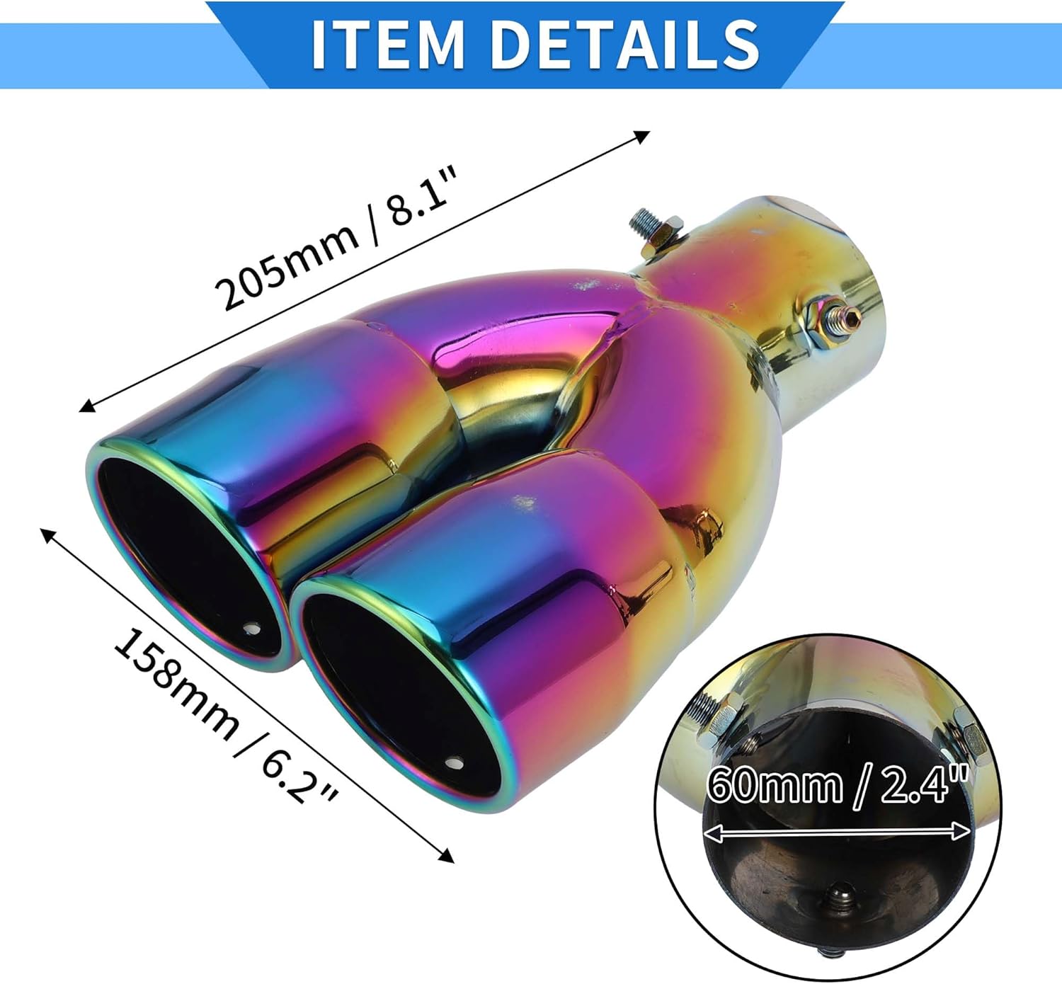 1 Pc Slant Cut Dual Exhaust Tip 2.4" Inlet 5.9" Outlet 8.1" Length Tailpipe Universal Car Bolt on Stainless Steel Assorted Color Rear