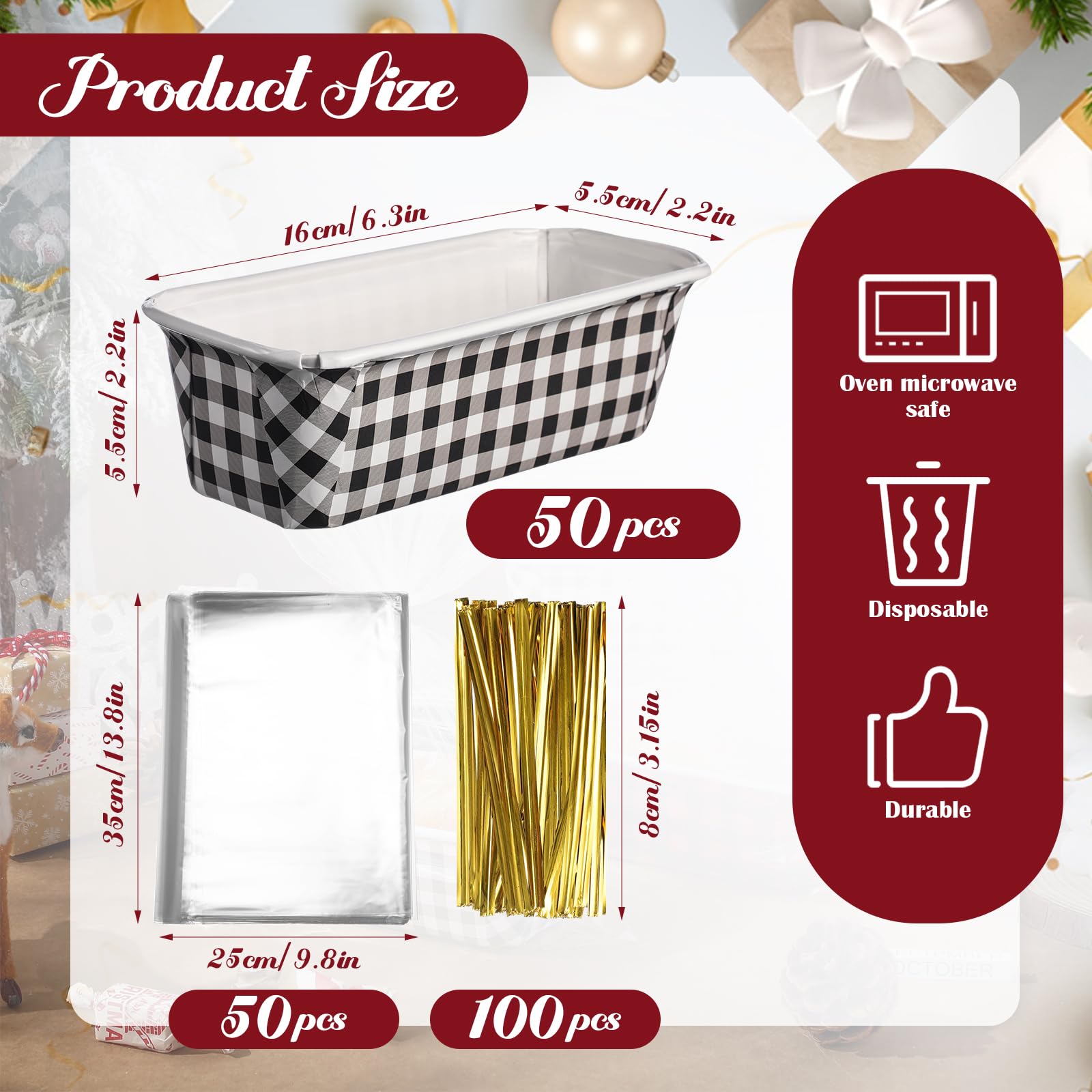 Teenyyou 50 Sets Christmas Paper Loaf Pan 6.3 x 2.2 x 2.2 Inch Disposable Loaf Pan Liners with Clear Plastic Bags and Ties Paper Baking Pans Rectangle Baking Mold for Bread Cake Bakery(Plaid Style)