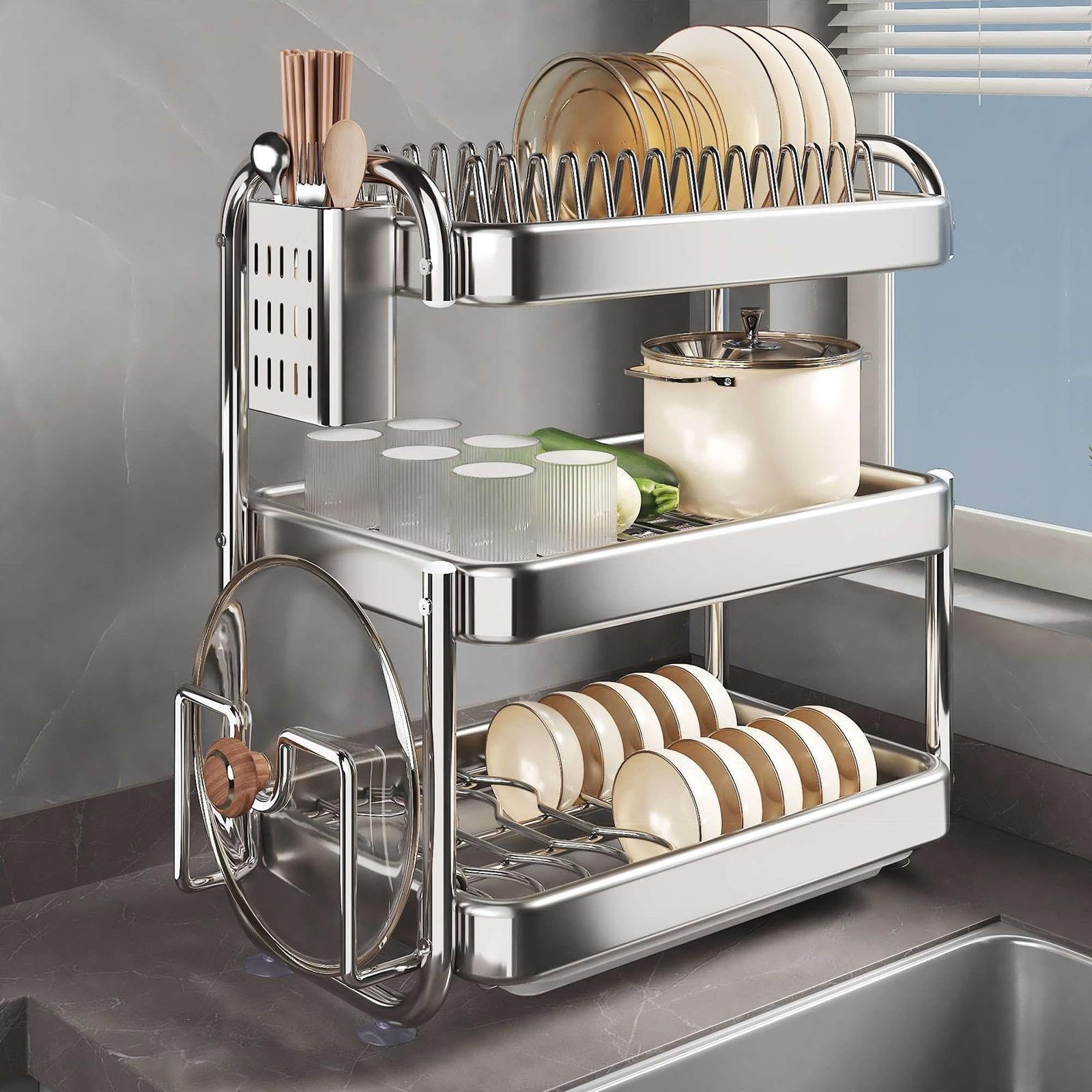 Escurridor multifuncional de acero inoxidable para cocina, resistente a la corrosión, diseño que ahorra espacio, sostiene platos, utensilios, vasos, fácil de limpiar, construcción duradera