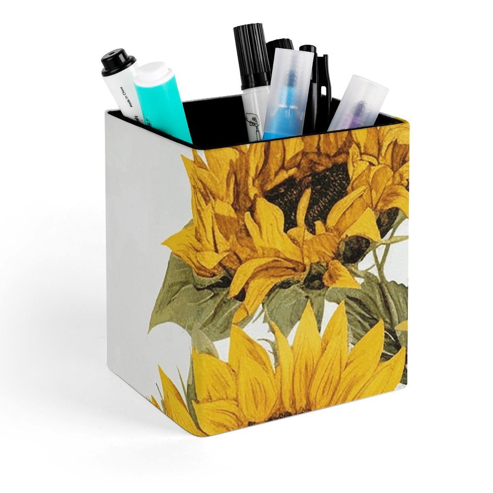 FekiLoot Alluring Sunflowers Summer Pencil Holder Square Leather Pen Holder Cup Modern Multi-Functional Pencil Cup Holder Decorative Desk Organizer Caddy Makeup Brush Holders for Desk Office