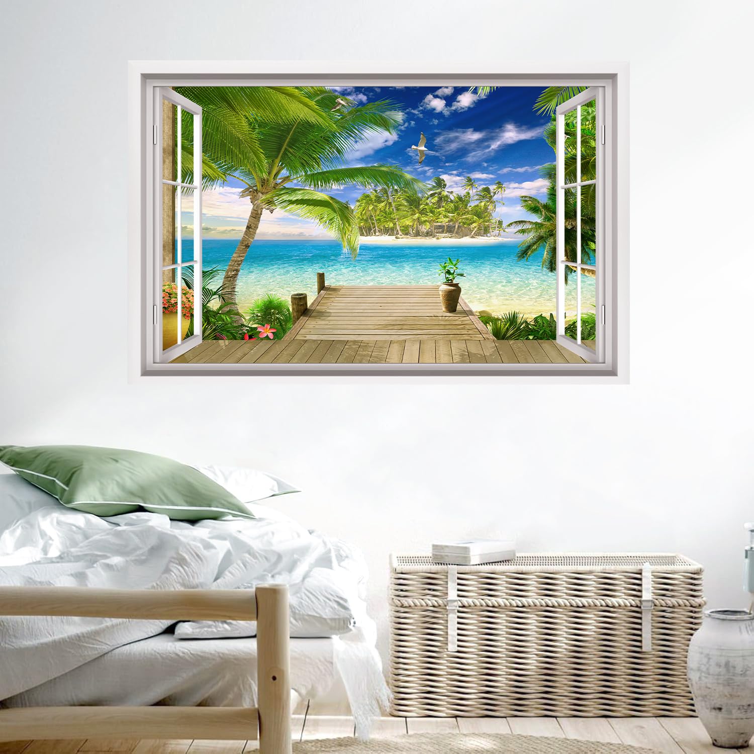 HPNIUB 3D Beach Wall Stickers,3D Sea View Wall Art for Living Room,Landscape Broken Wall Sticker,Beach Coconut Tree Wall Decal,Sea Scenery Wall Mural Sticker for Bedroom Bathroom Decor (Window4) - Image 3