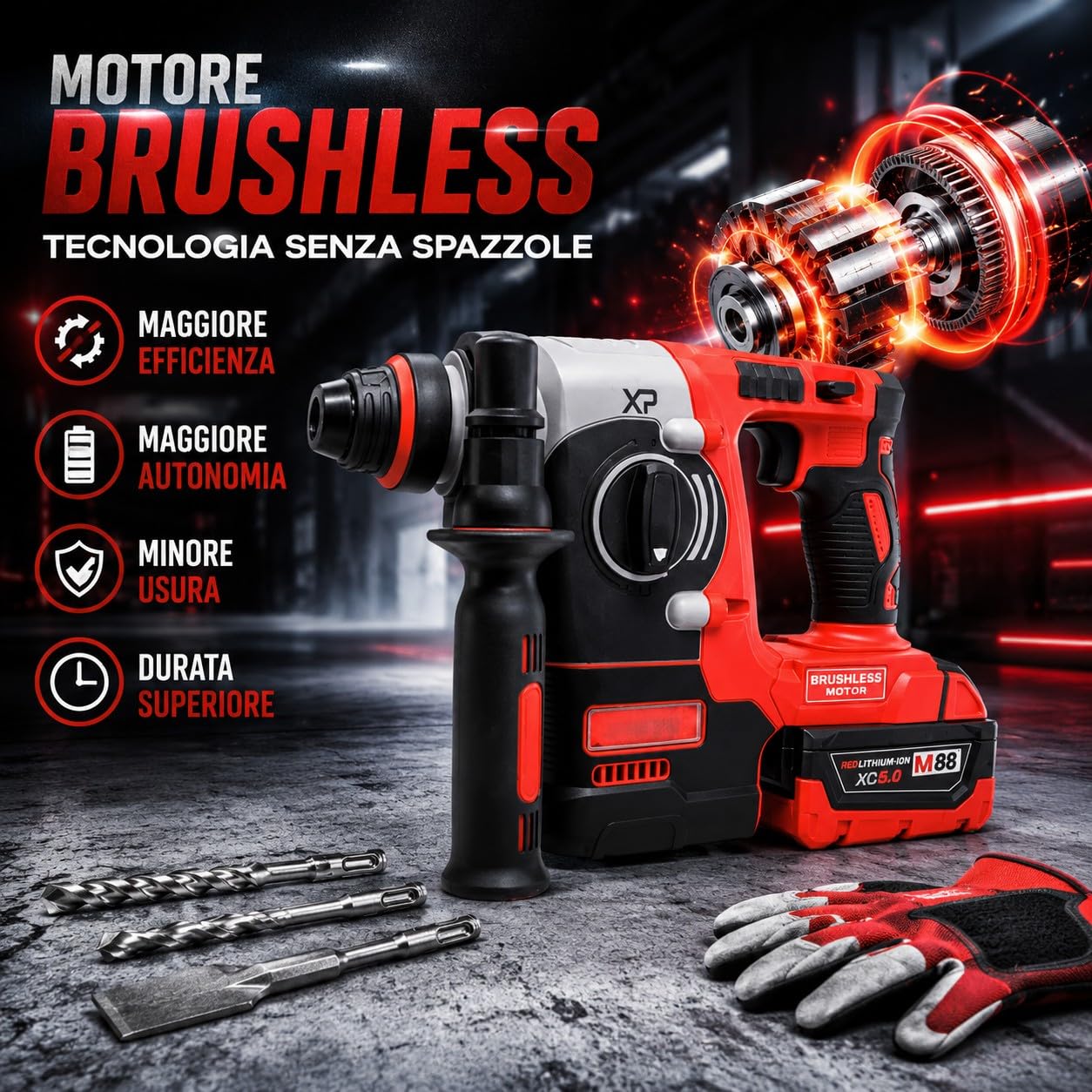 Trapano Tassellatore a Percussione SDS PLUS M88 con Motore Brushless 2 Batterie 5Ah 2.3J 0-1200 RPM 3200 BPM Luce LED Martello Perforatore