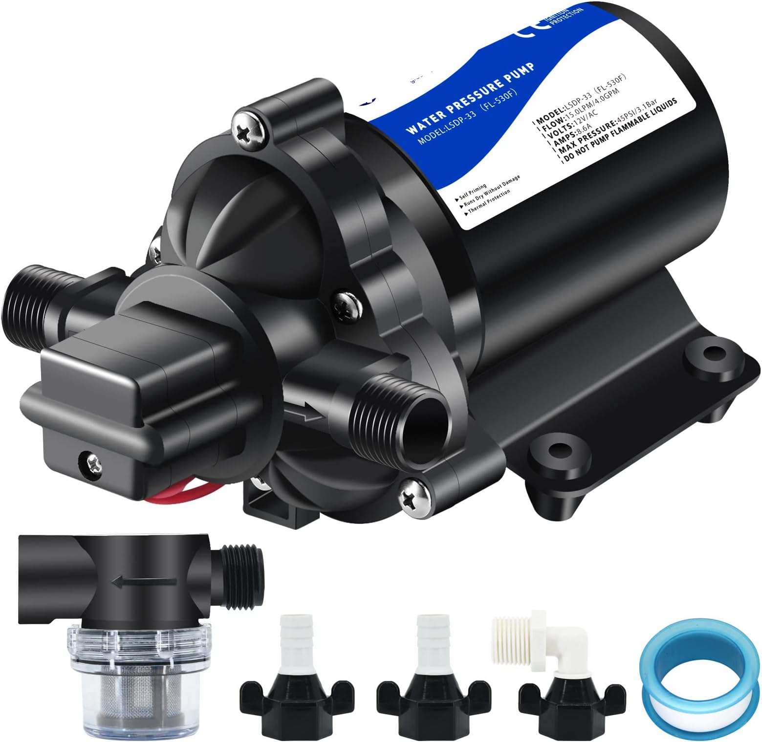SEAFLO 12V 3.0 GPM 45 PSI Water Diaphragm Pressure Pump 4 Year Warranty