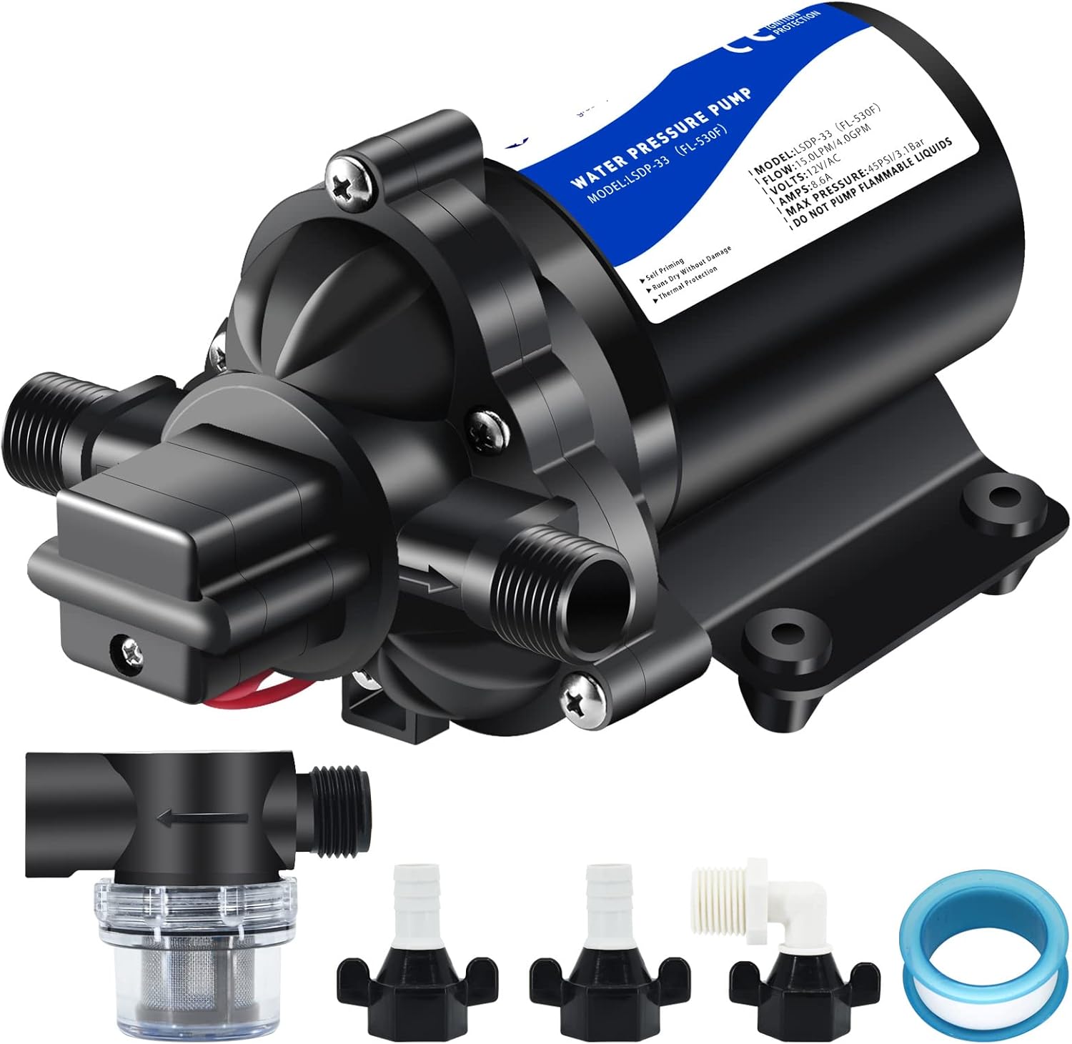 12V RV Water Pressure Booster Pump - Self Priming, 50psi, 4gpm On Demand Pump for Kitchen, Bathroom, Garden, Marine & Boats