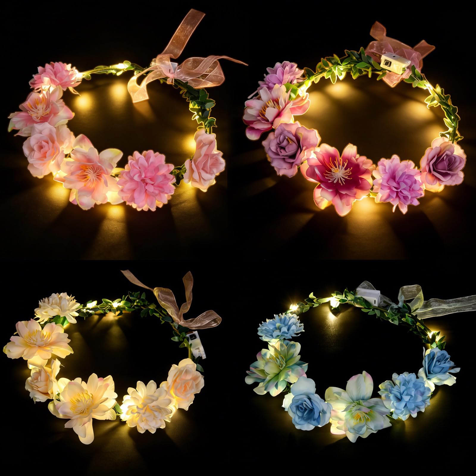 Richaa 4 Stück Blumenkranz Haare Led, Led Haarschmuck WarmweißEs
