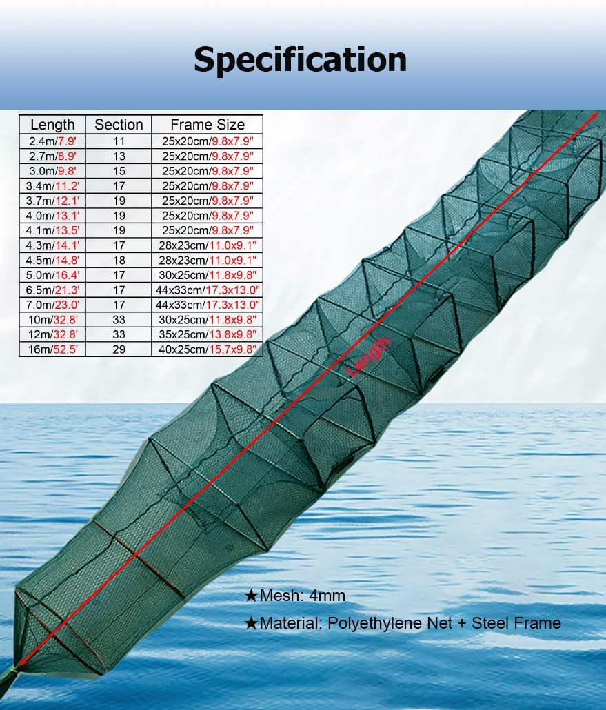 2 Juegos de trampas for camarones y cangrejos de 7,9 a 52,5 pies de Largo, trampas for Peces, Red de Pesca, Captura automáticamente más Peces fácilmente
