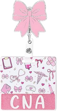 CNA Badge Reel and Buddy, Pink Bow Retractable ID Nurses Badge Holder, Acrylic Glitter Badge with Alligator Clip CNA Accessories for Work Gift for Hospital Coworkers Nursing