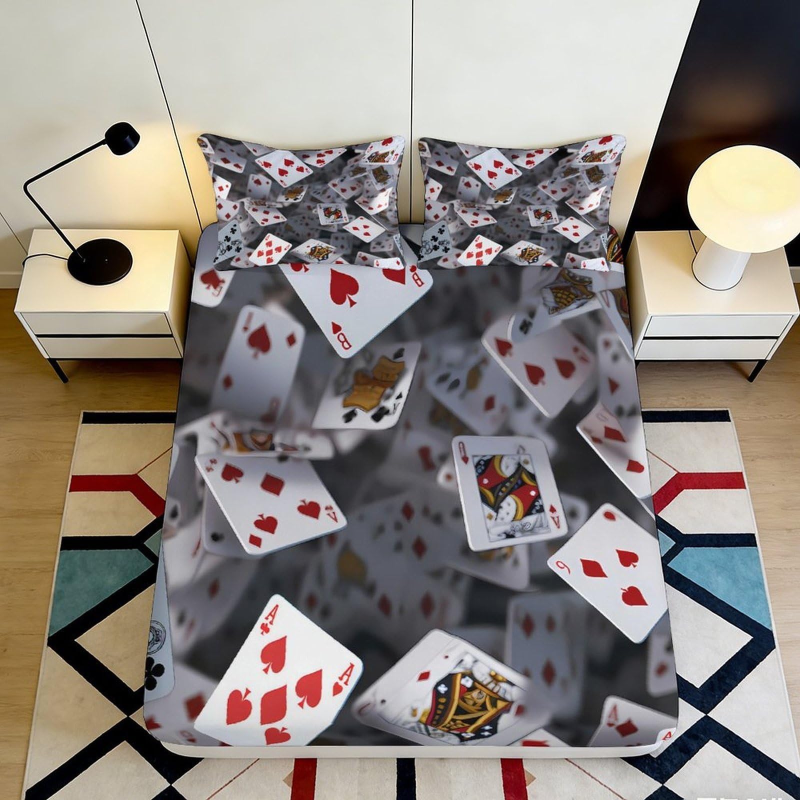 3D Printed Playing Cards Fitted Sheet Microfiber Soft Breathable Poker Design Bed Cover for Bedroom Dormitory Guest Room Mattress Protection Decor 90x200x25cm