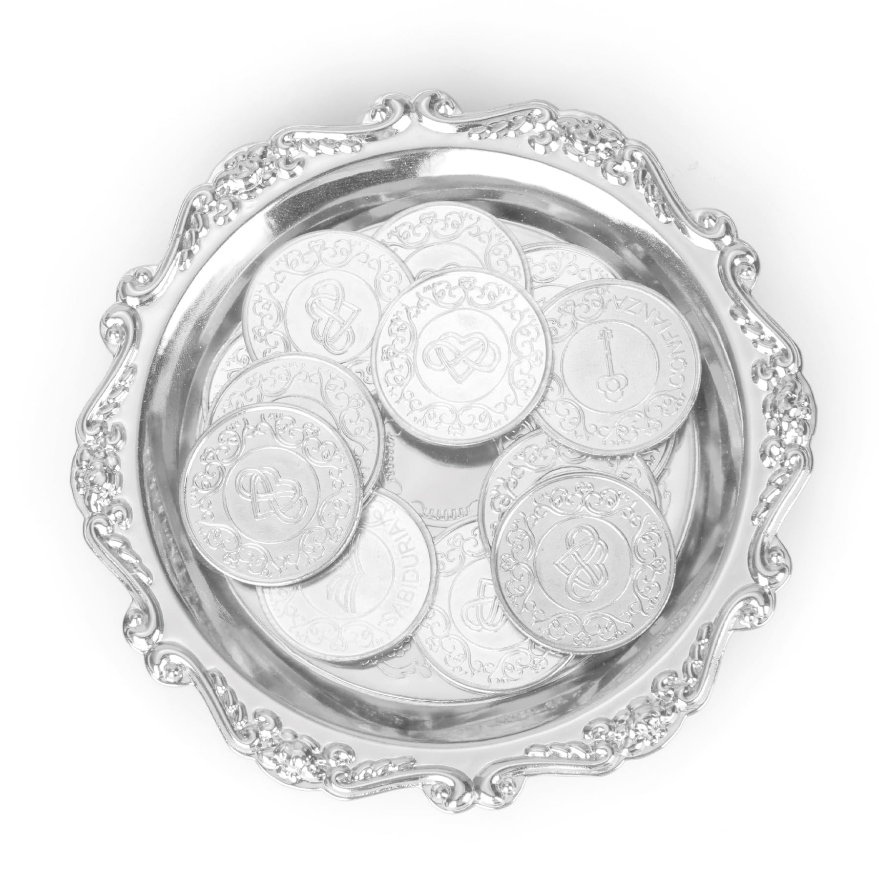 Arras Para Boda Catolica - 13pc Gold Wedding Unity Coins with for Wedding Ceremony Arras de Boda with Tray Plate Holder, Arras de matrimonio, Arras de boda Catolica,Unity Coins Catholic (Silver)