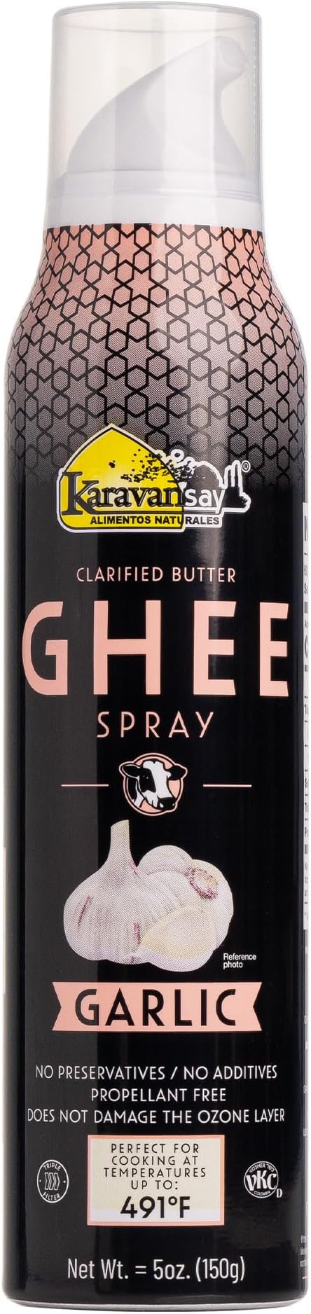 KARAVANSAY CLARIFIED BUTTER GHEE SPRAY GARLIC FLAVOR, 100% NATURAL, DOES NOT CONTAIN VEGETABLE OILS, 5oz, PROPELLANT FREE, DOES NOT DAMAGE THE OZONE LAYER, HIGH SMOKE POINT 482°F, NO ADDIVITES, COOKING MULTIPURPOSE, KOSHER