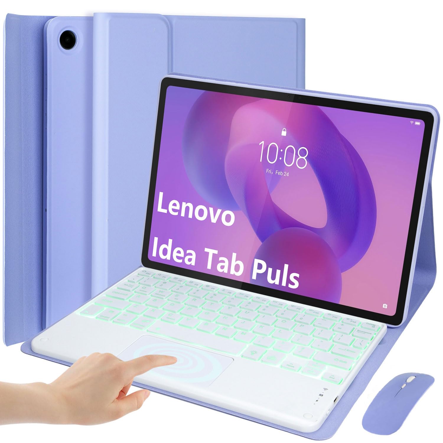 Funda con Teclado para Lenovo Idea Tab Plus 12,1 Pulgadas/Tab K12 2025 (TB361ZU/TB361FU), Español Ñ Teclado con Panel Táctil Extraíble Y Retroiluminado 7 Colores con Ratón,Púrpura