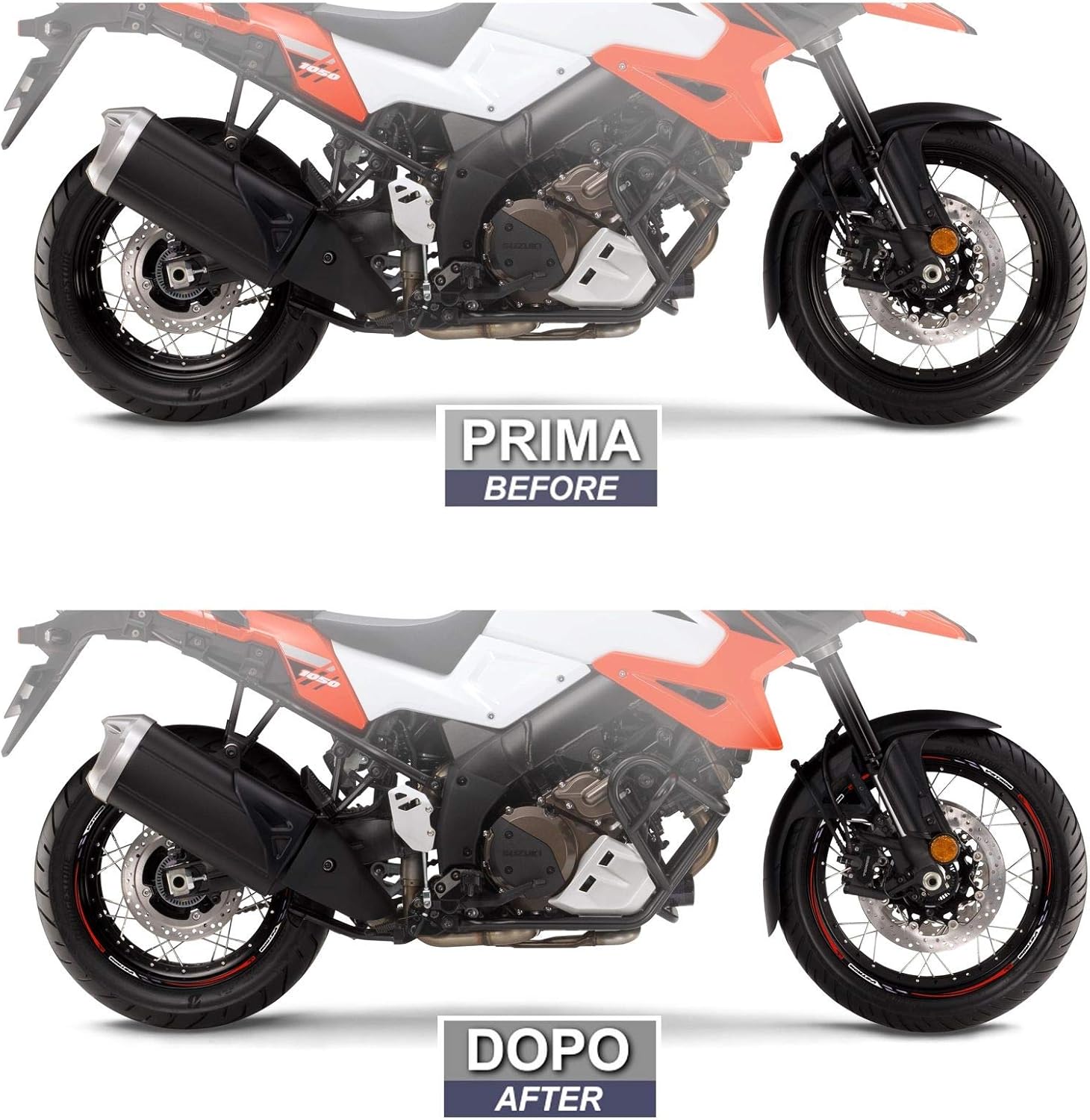 Resin Bike Motorcycle 3D Stickers Compatible with Suzuki V-Strom 1050 XT Orange. 17" and 19" Wheels Protections from Impact and Scratches. Motorcycle Resin Stickers - Made in Italy