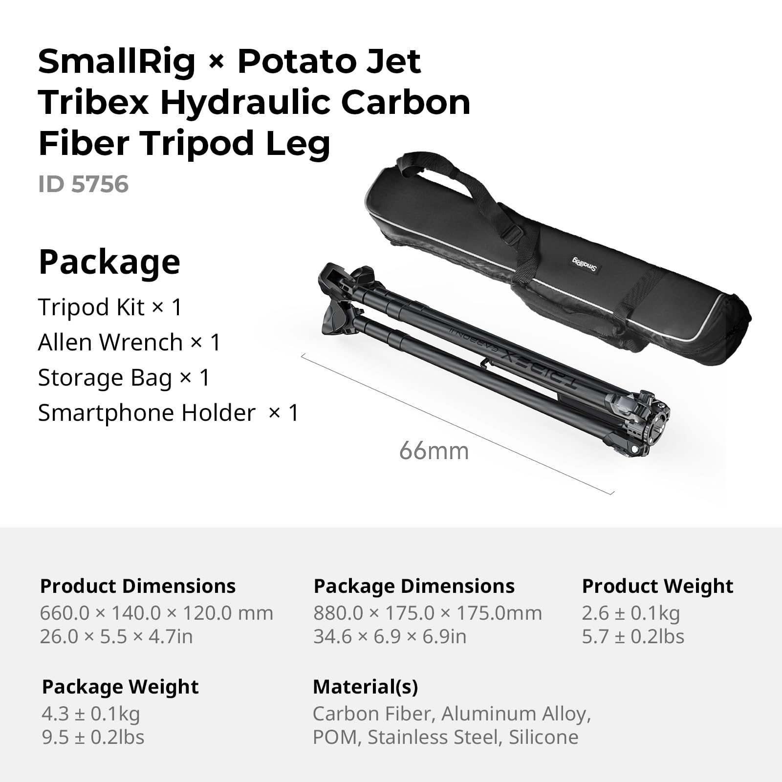 SMALLRIG Statyw fotograficzny x Potato Jet Tribex z włókna węglowego, hydrauliczny, szybko rozkładany, do fotografii podróżnej, niski kąt, 15 cm/5,9 cala,155 cm/61 cali, waga 5,7 funta, do 55 funtów