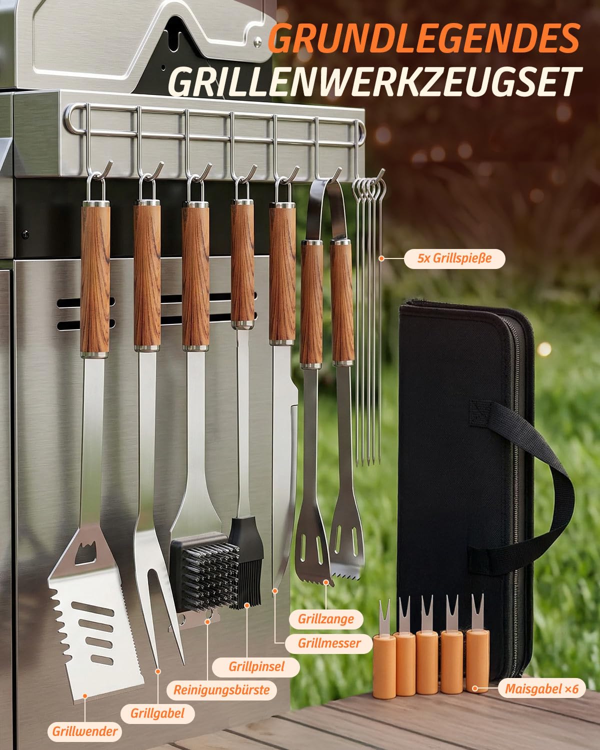Grillbesteck Set, 17-teilig Edelstahl Grill Zubehör mit Tragetasche, Umfassendes Grillbesteck für das Grillen im Freien, Camping, Grillzubehör BBQ, Professionelle Grillzubehör für Männer Frauen