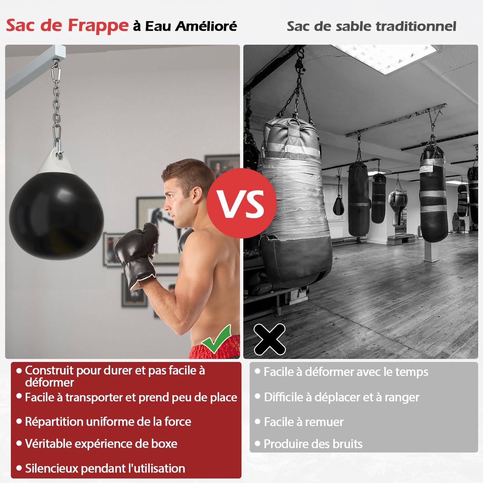 GOPLUS Saco de Boxeo de Agua, 55 cm Bolsa de Boxeo con Cadena de Metal Ajustable, Manguera de Inyección de Agua y Mosquetón, 70 L a Prueba de Fugas, Equipo de Boxeo para Profesionales y Principiantes