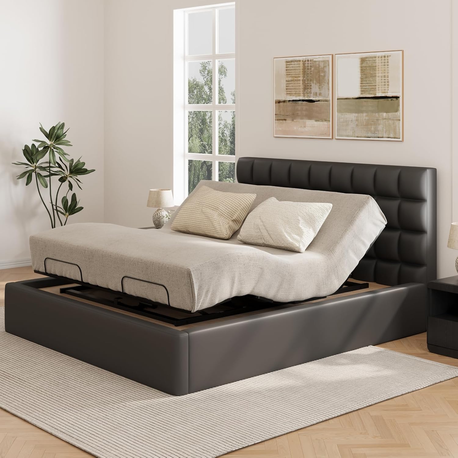 FLEXISPOT S3K-Lite King Size Adjustable Bed Frame Base in a bedroom setting, with the head section elevated.
