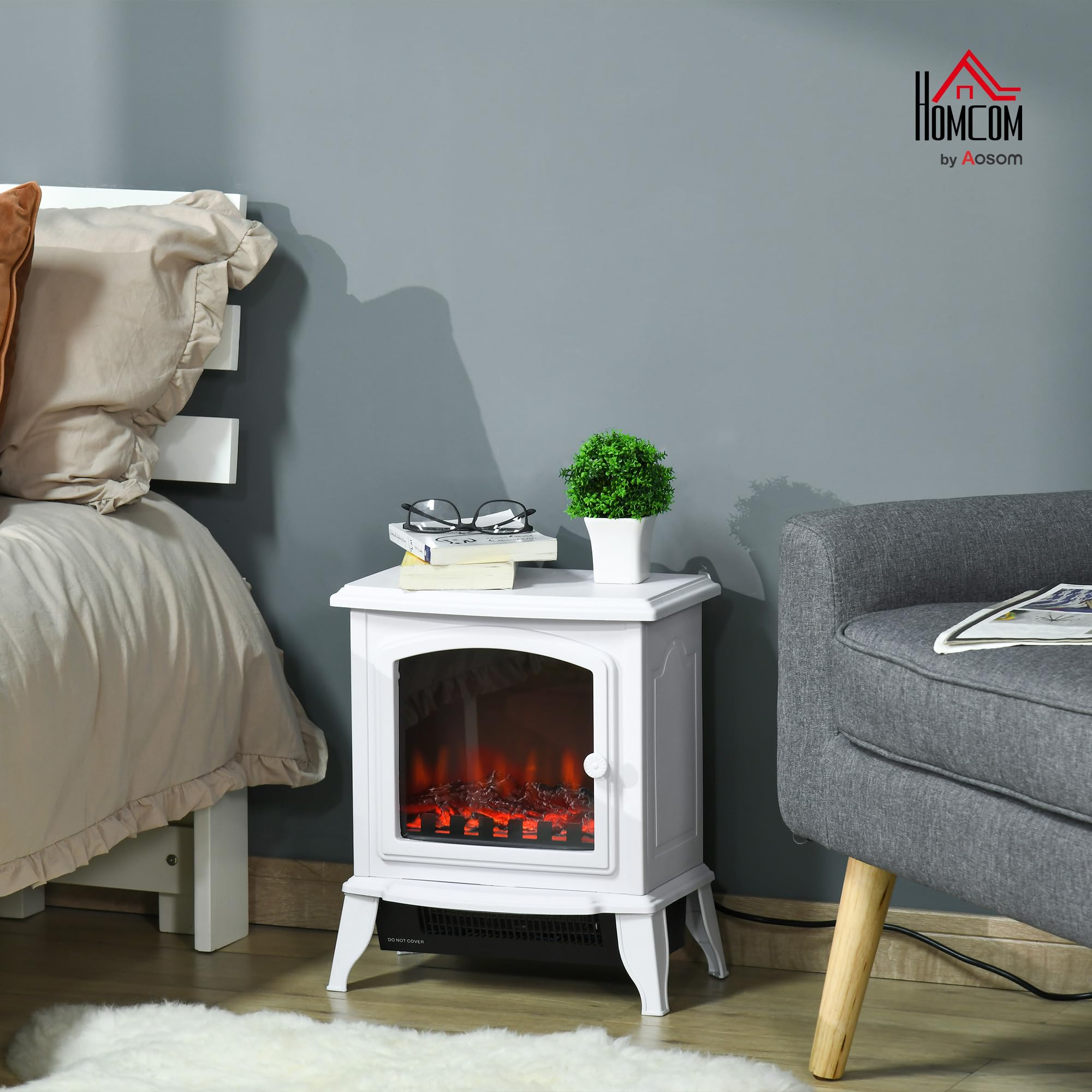 HOMCOM Chimenea Eléctrica de Pie 1000/2000W Chimenea Decorativa con Efecto de Llama Termostato Ajustable y Protección contra Sobrecalentamiento para Salas 20-25 m² 36,5x24x45,5 cm Blanco