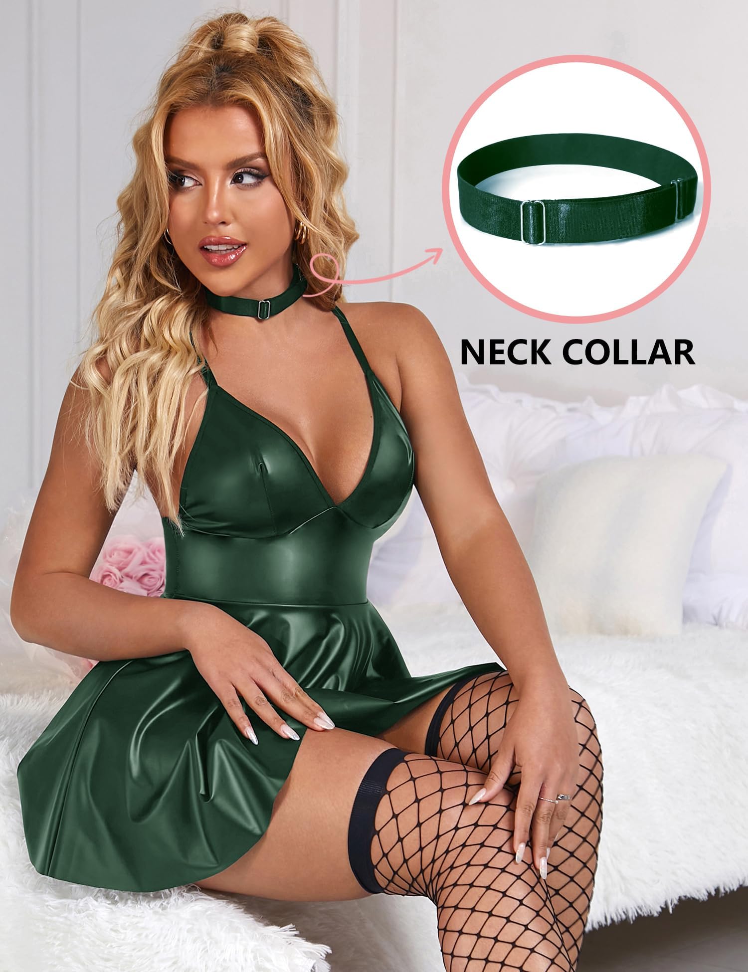 ohyeahlady Women Sexy PU Leather Dress Plus Size Spaghetti Strap Mini Dresses Sleeveless Pleated Steampunk Clubwear: XX-Large Green