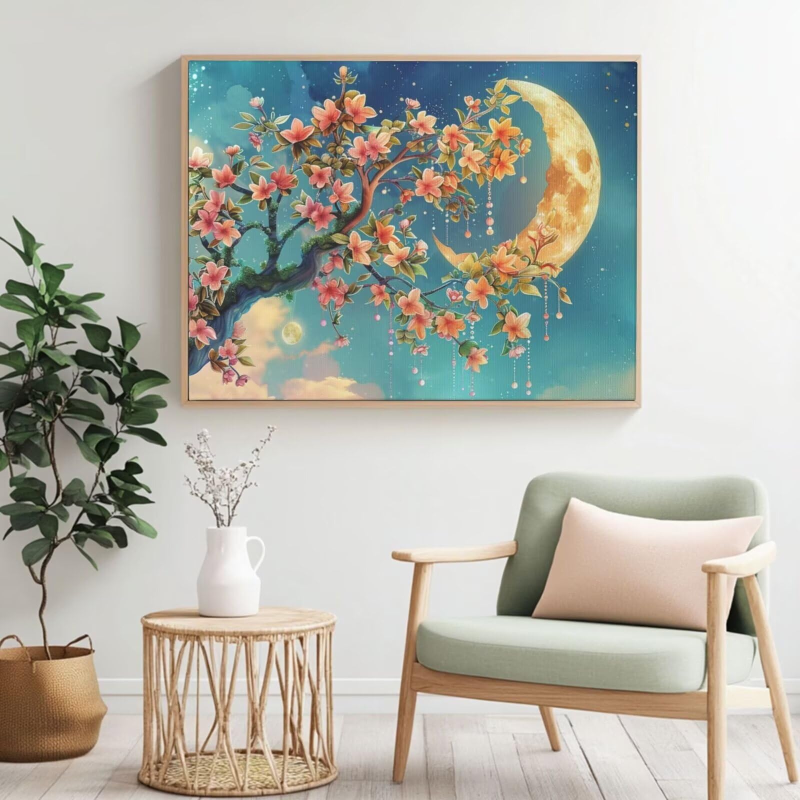 Kit per pittura con numeri per adulti, motivo: luna, albero con numeri per principianti, pittura acrilica con 6 pennelli, kit di pittura a olio per decorazione da parete, 95 x 70