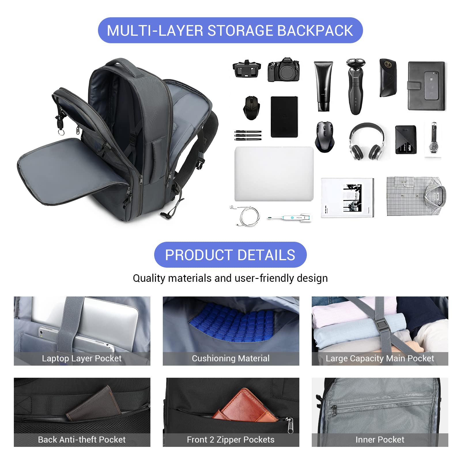 MOLNIA Travel Backpack for Men, 47L Carry On Backpack, 17.3inch Laptop Backpack Flight Approved, with 3 Packing Cubes & 1 Shoe Bag, Expandable Daypack Business Suitcase, Weekender Duffel Bag, Black