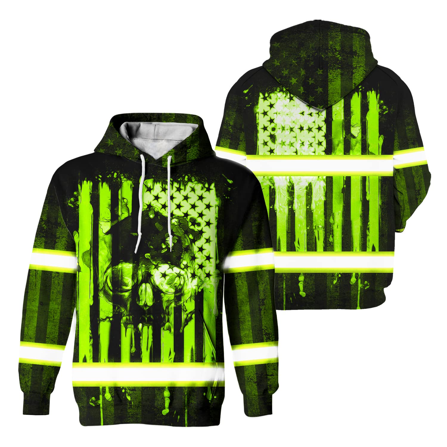 HiVis Custom Skull USA Flag Green Neon High Visibility Hoodie Men Custom Name Class 3 Reflective Tape Safety Workwear for Workers, Patriotic, Operator, Truckers