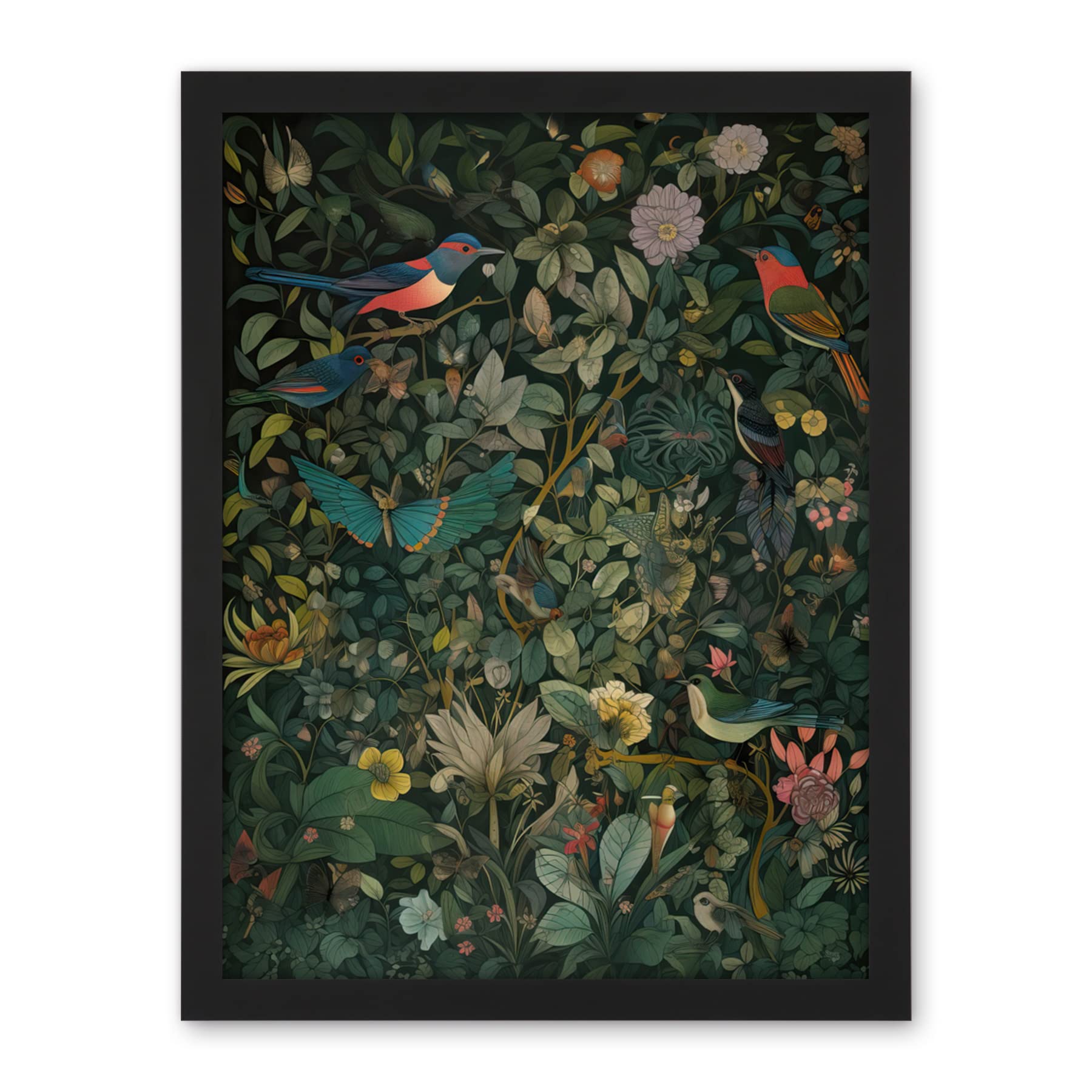 Artery8 Butterflies and Birds on Flowering Shrub Folk Art Artwork Framed Wall Art Print 18X24 Inch