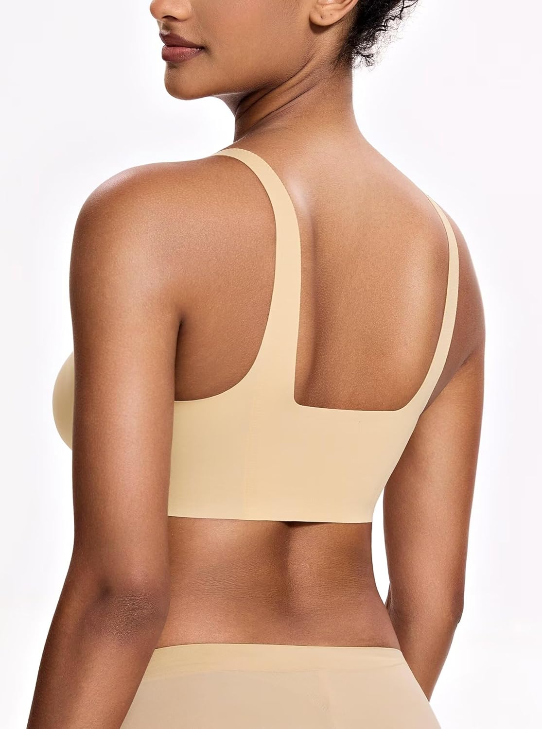 Deyllo Women's Wireless Bra Smooth Seamless Full Coverage No Underwire Plunge Sleep Bra Deep Nude L - Image 4