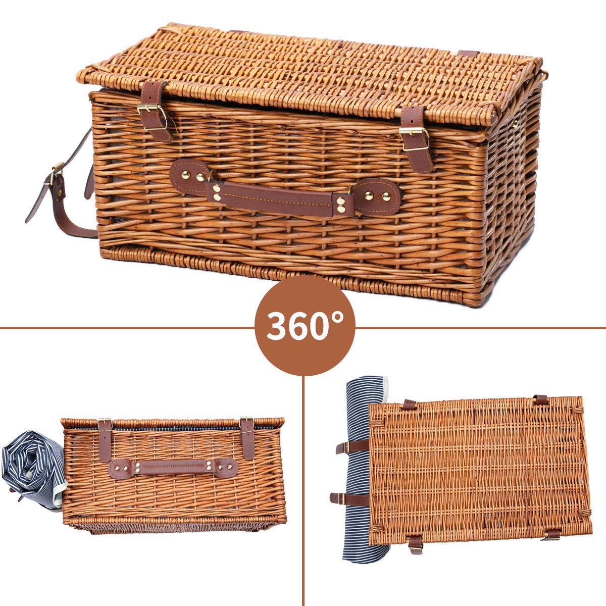 HappyPicnic Rieten picknickmandset voor 4 personen | Grote wilgenmand met groot geïsoleerd koelvak, gratis waterdichte deken en bestek servicekit