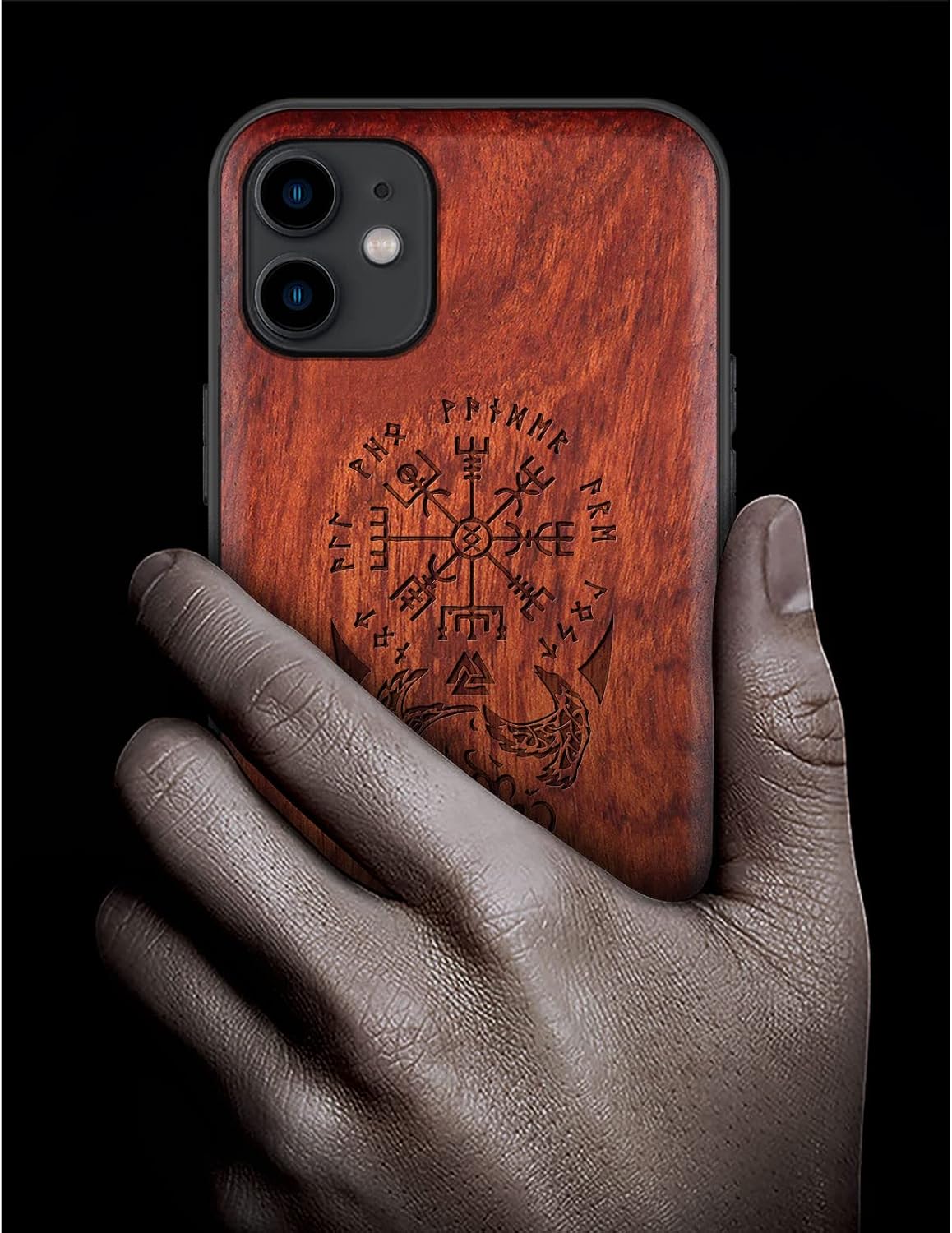 Carveit Wood Case for iPhone 11 Case [Hard Real Wood & Black Soft TPU] Shockproof Protective Cover Unique Wooden Phone Protector Compatible with Apple iPhone 11 (Viking Compass Vegvisir-Rosy)