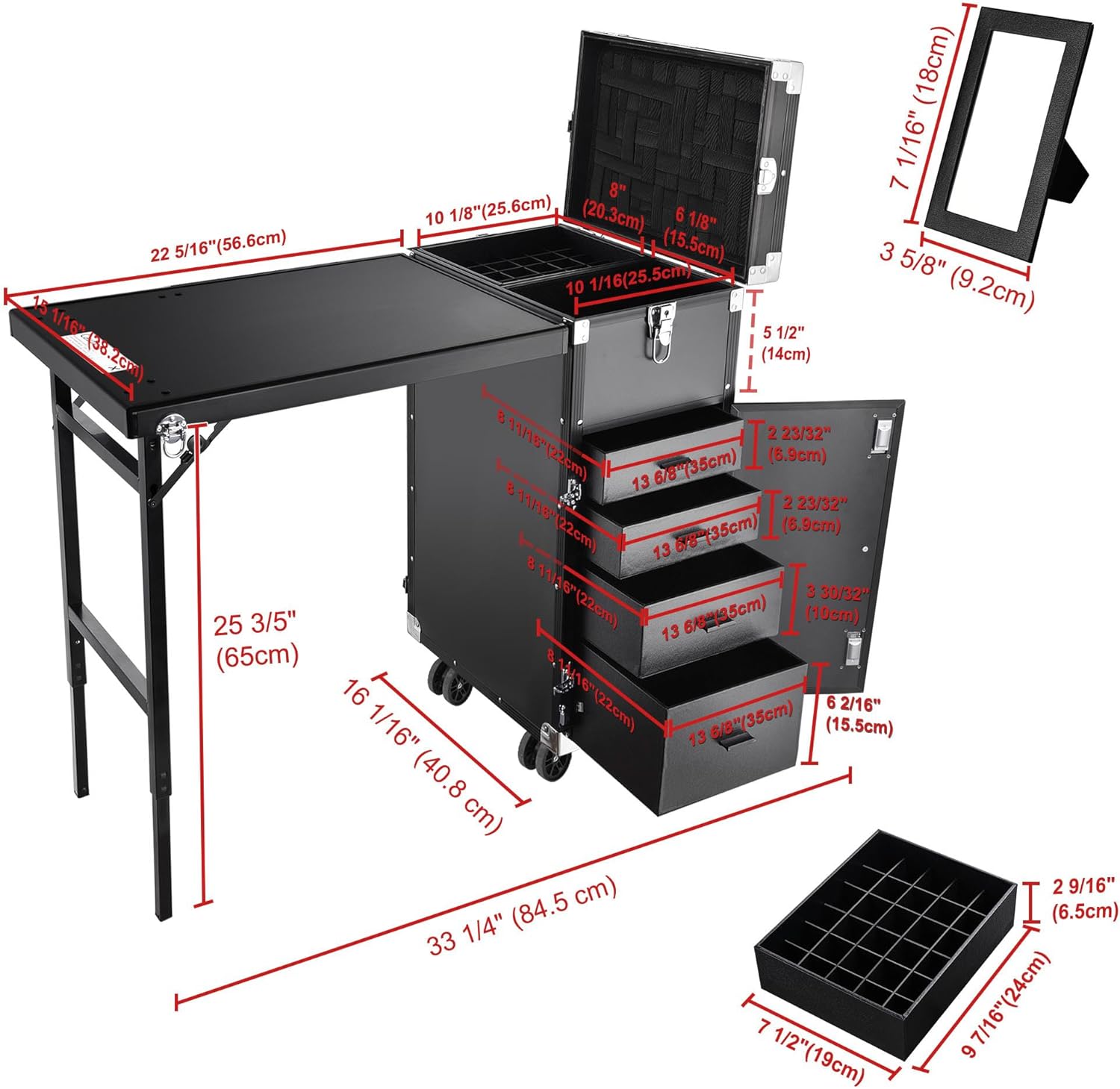 BYOOTIQUE Portable Manicure Table Nail Station Rolling Makeup Case with 4 Drawers Nail Table Storage for Makeup Artist Nail Tech Manicurist, Black, 33" x 16" x 31"
