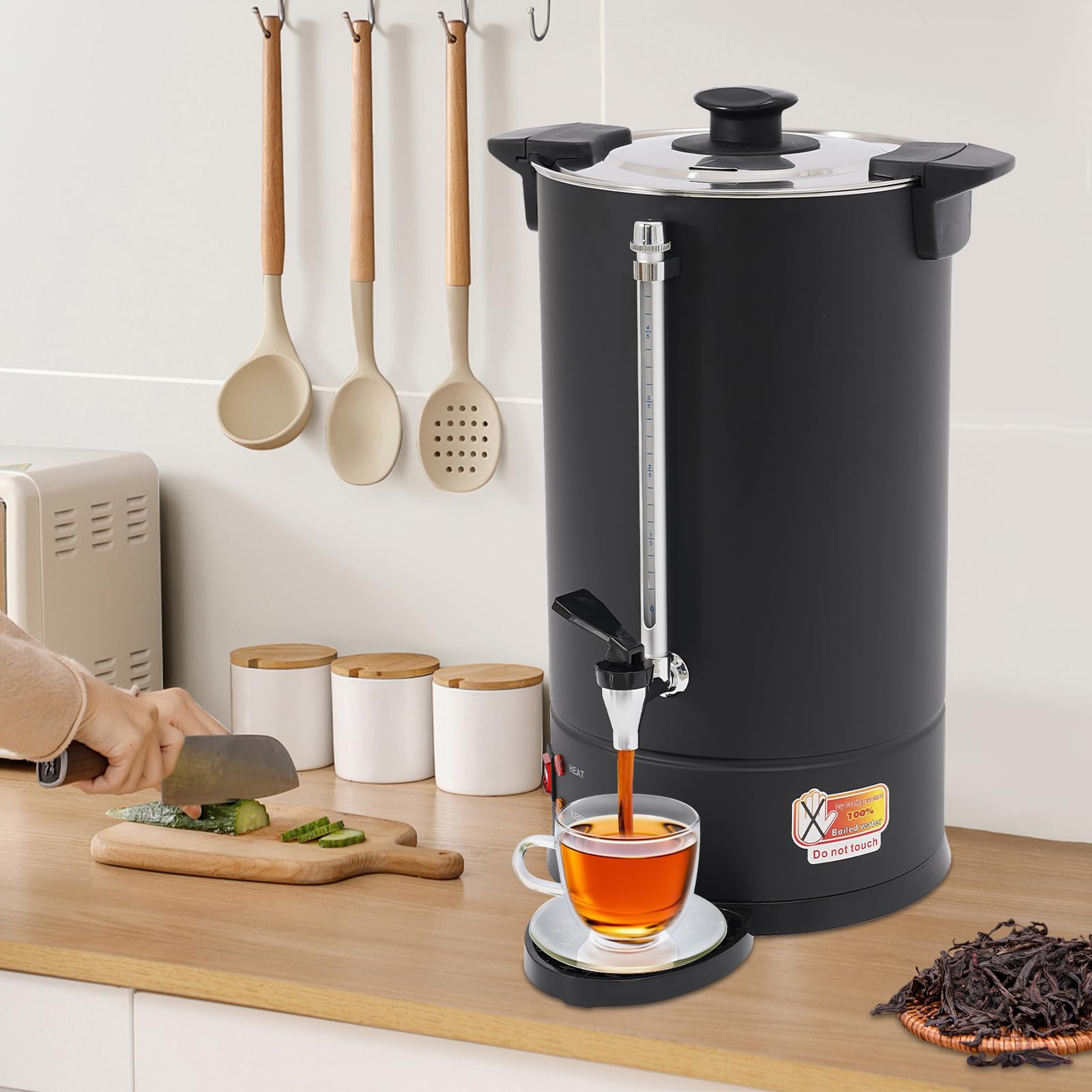 Coffee Urn, Commercial-Grade Large 3.96gal Capacity Tabletop Coffee Urn, 1500w Stainless Steel Electric Hot Water Pot Urn, Water Gauge, Overheat Protection, Rotating Lid, Black