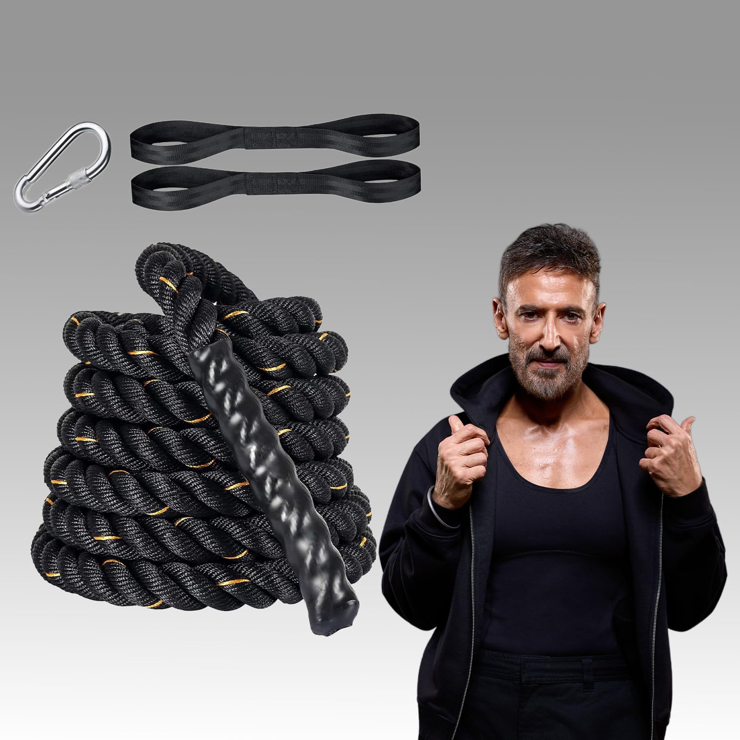 Wearslim® Professional Heavy Duty Poly Dacron 50 FEET 2 Inch Thick Battle Rope for Gym with Stainless Steel Locking Carabiner & Non-Slip Nylon Anchor