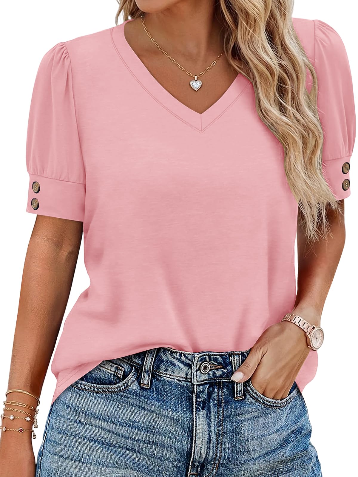 Cuptacc Tshirt Damen V Ausschnitt Bluse Damen Sommer Elegant Puffärmel Oberteil Casual Locker Basic Top