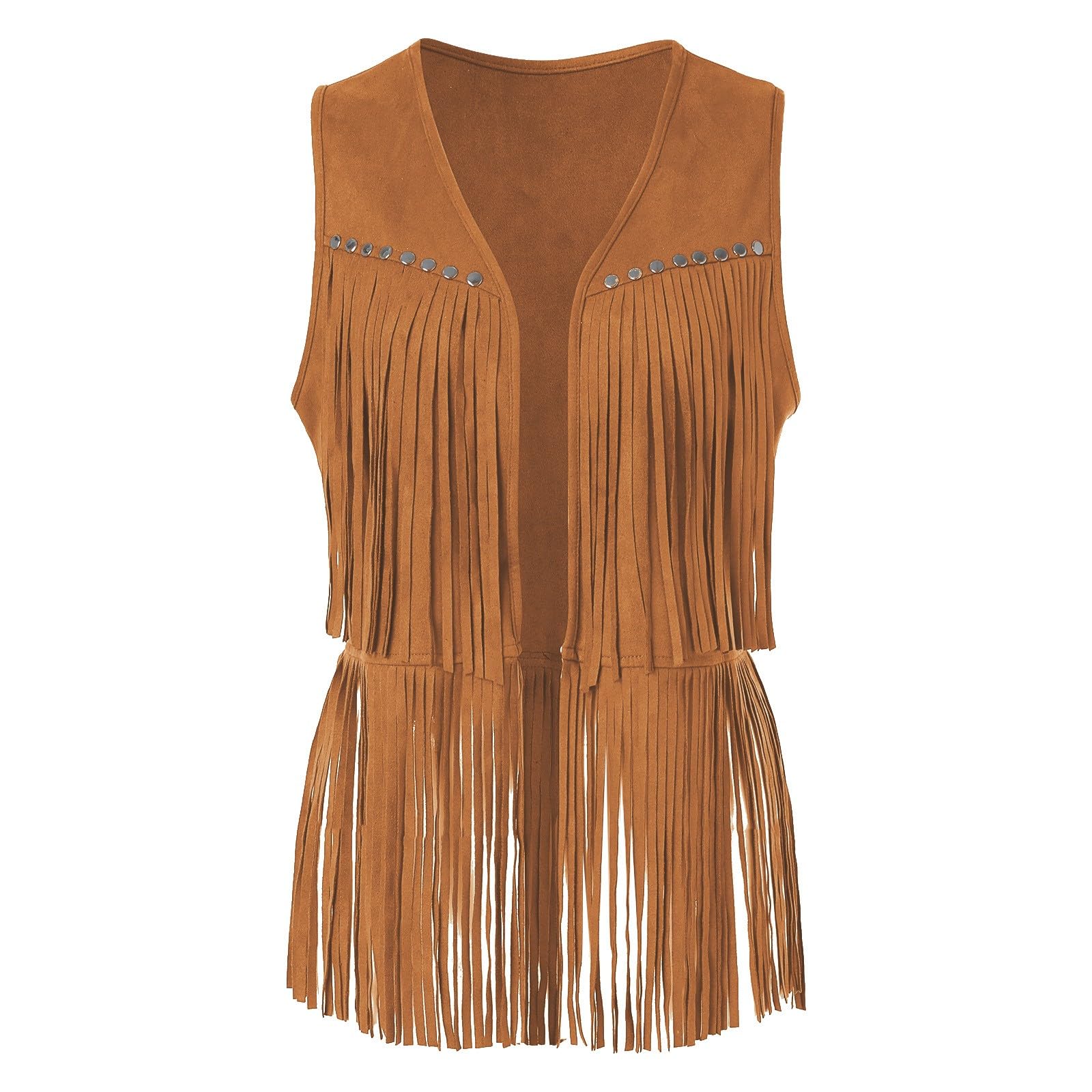 Gilet Femme Cowboy À Franges, Veste sans Manches Aspect Cuir Synthétique, Tenue Western Cowgirl Élégante Costume Cosplay Hippie Chic, Cardigan pour Femme