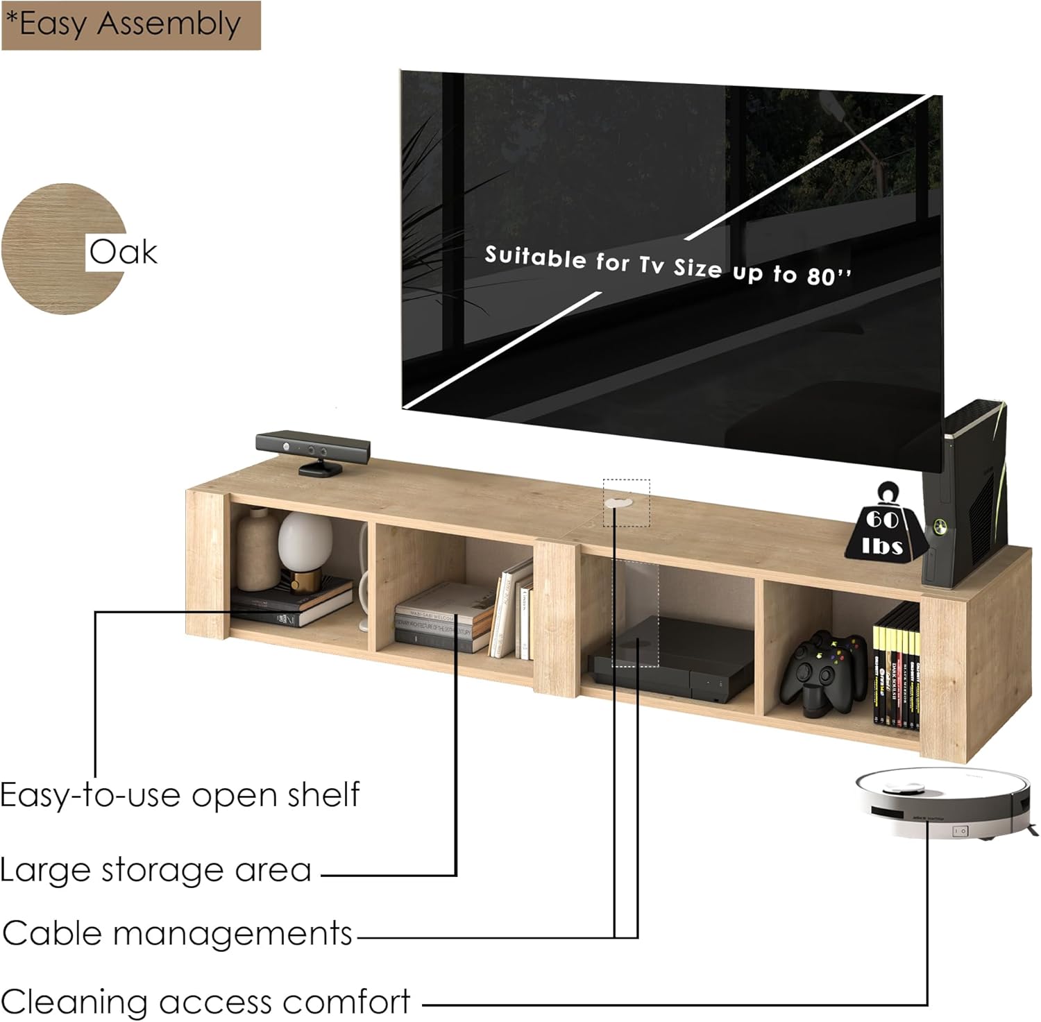 Atelier Mobili Floating TV Stand for 75 Inch TVs – Wall Mounted Entertainment Center with Open Storage Shelves – Modern Floating TV Console for Living Room & Bedroom – Oak and Walnut Finish (Oak)
