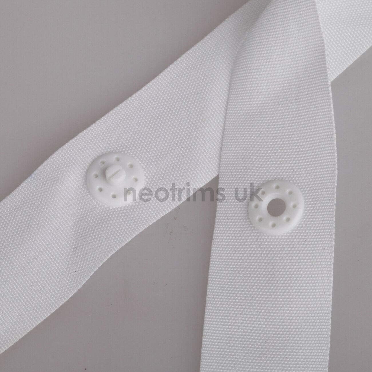 Snap Tape Press Stud Popper Ribbon,Fasten Trim.10cms Gap,Black White.High Strength Resin Fasteners,Polyester Washable Tape. Babygro Crotch Rompers,Curtains Neotrims UK. White, 50 Yards