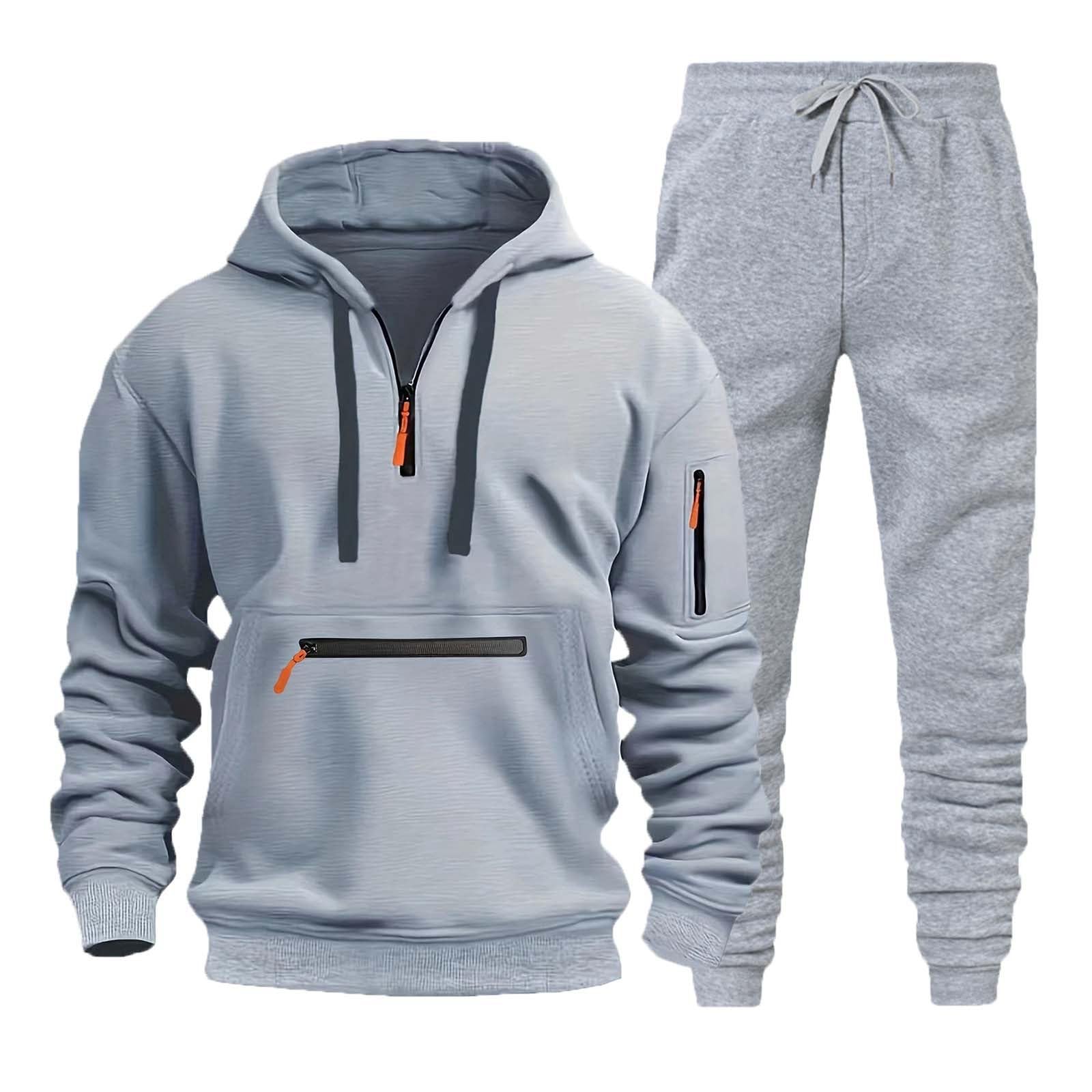Męski zestaw dresowy, bluza z kapturem i joggery, 2-częściowy polar z zamkiem do połowy, dla mężczyzn, miękka bawełniana bluza z kapturem i spodnie, swobodny strój sportowy na siłownię, do biegania