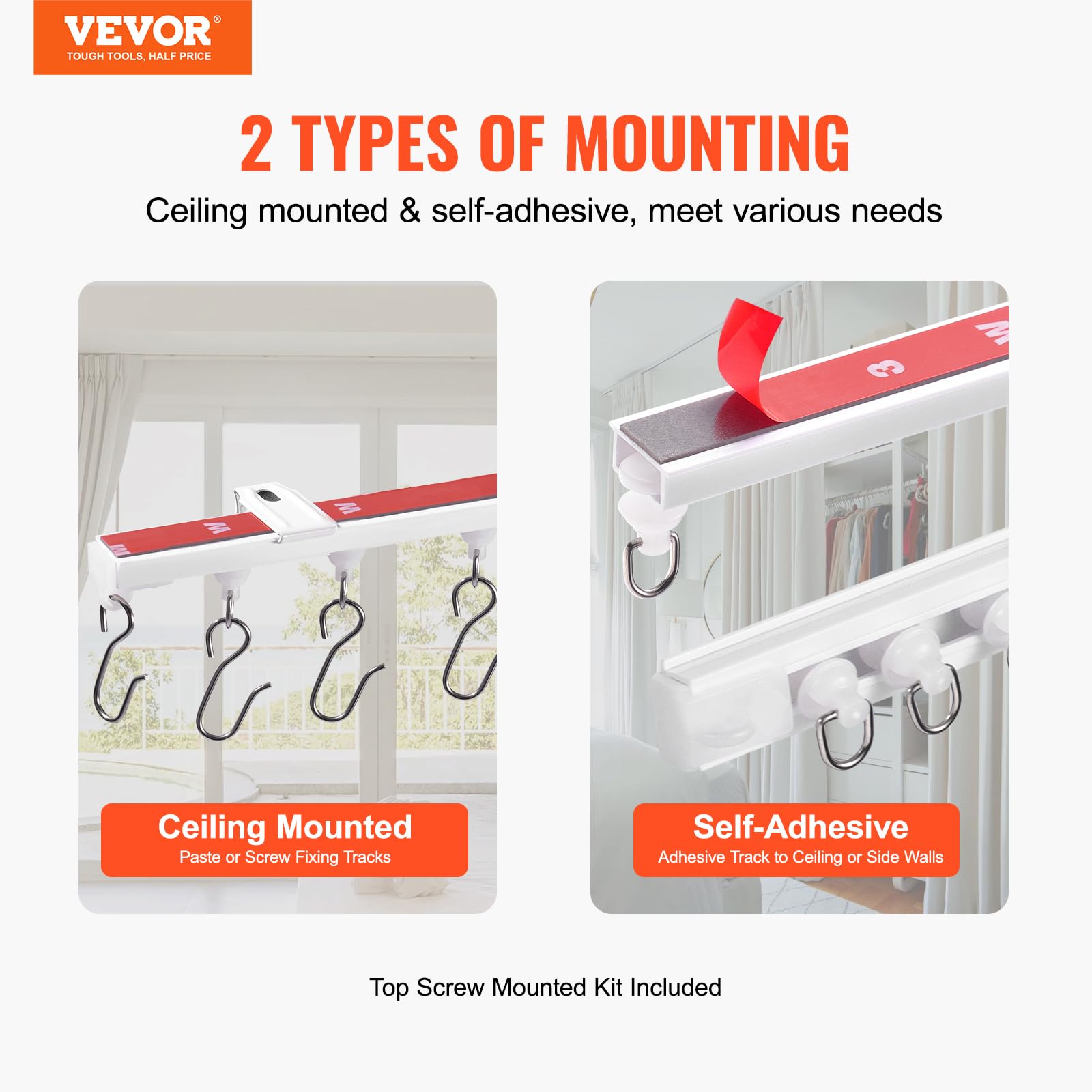 VEVOR Binario per Tende da Soffitto 3 m, Autoadesivo Sistema di Binari Scorrevoli per Tende Soffitto Senza Foratura, Binario Divisorie per Stanze, con ganci e ferramenta, per Soffitto Soggiorno Bianco