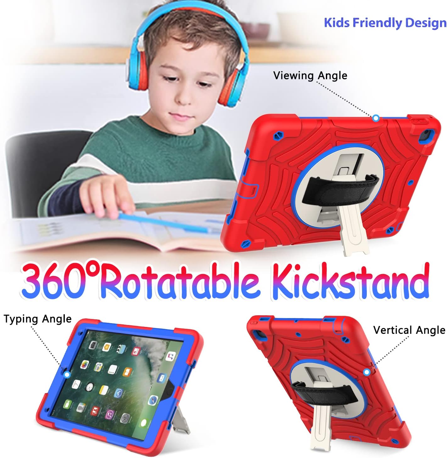 BMOUO Case for iPad 6th/5th Generation Case (9.7 inch, 2018/2017), with Screen Protector, 360 Rotating Stand & Hand & Shoulder Strap Kids Case for iPad 6th/5th Gen, Red