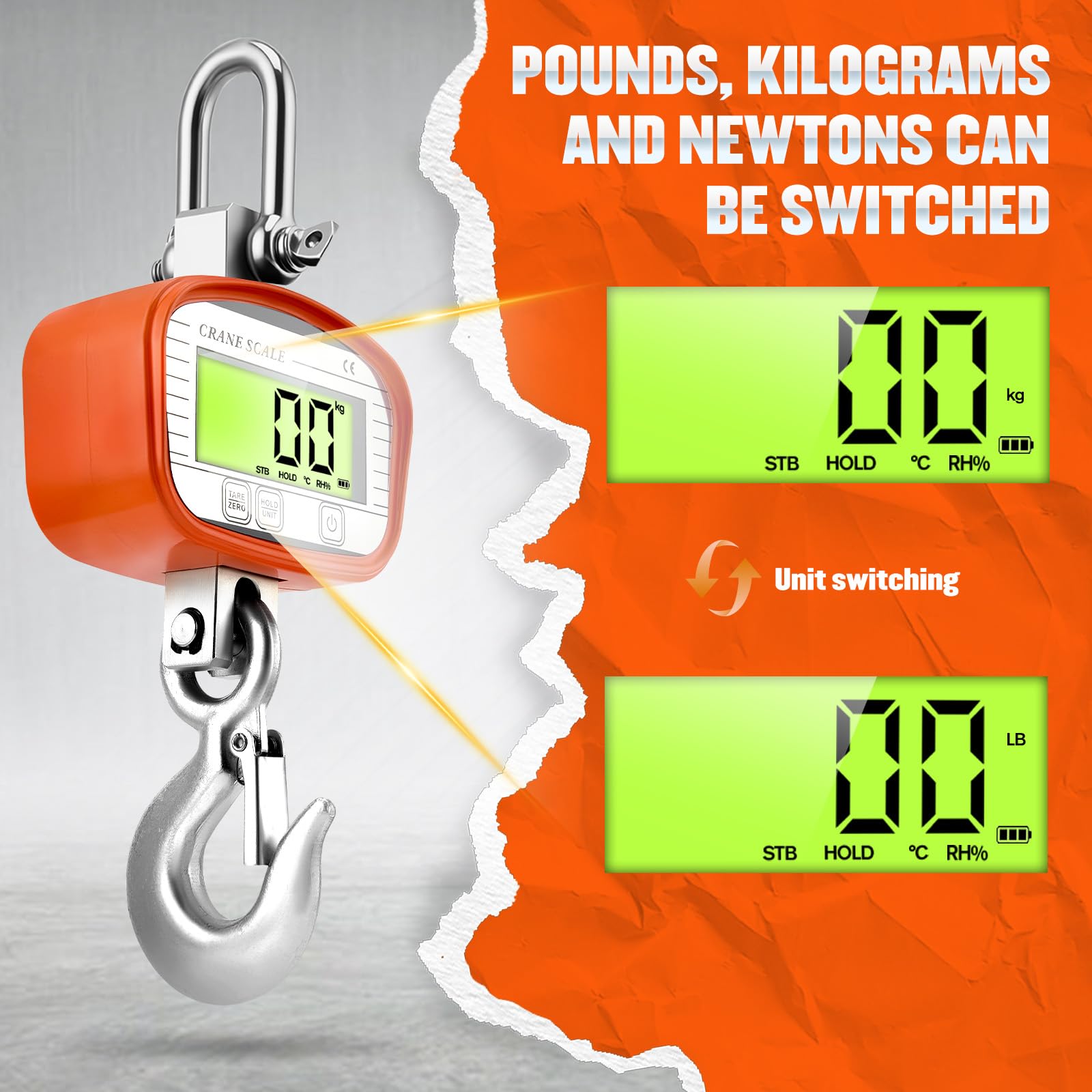 Digitale Kranwaage 1000kg/2200lbs, Industrielle Hängewaage, Hängende Waage mit präzisem Sensor & LCD-Anzeige für Bauernhof, Fabrik, Jagd (Orange, 1000KG)