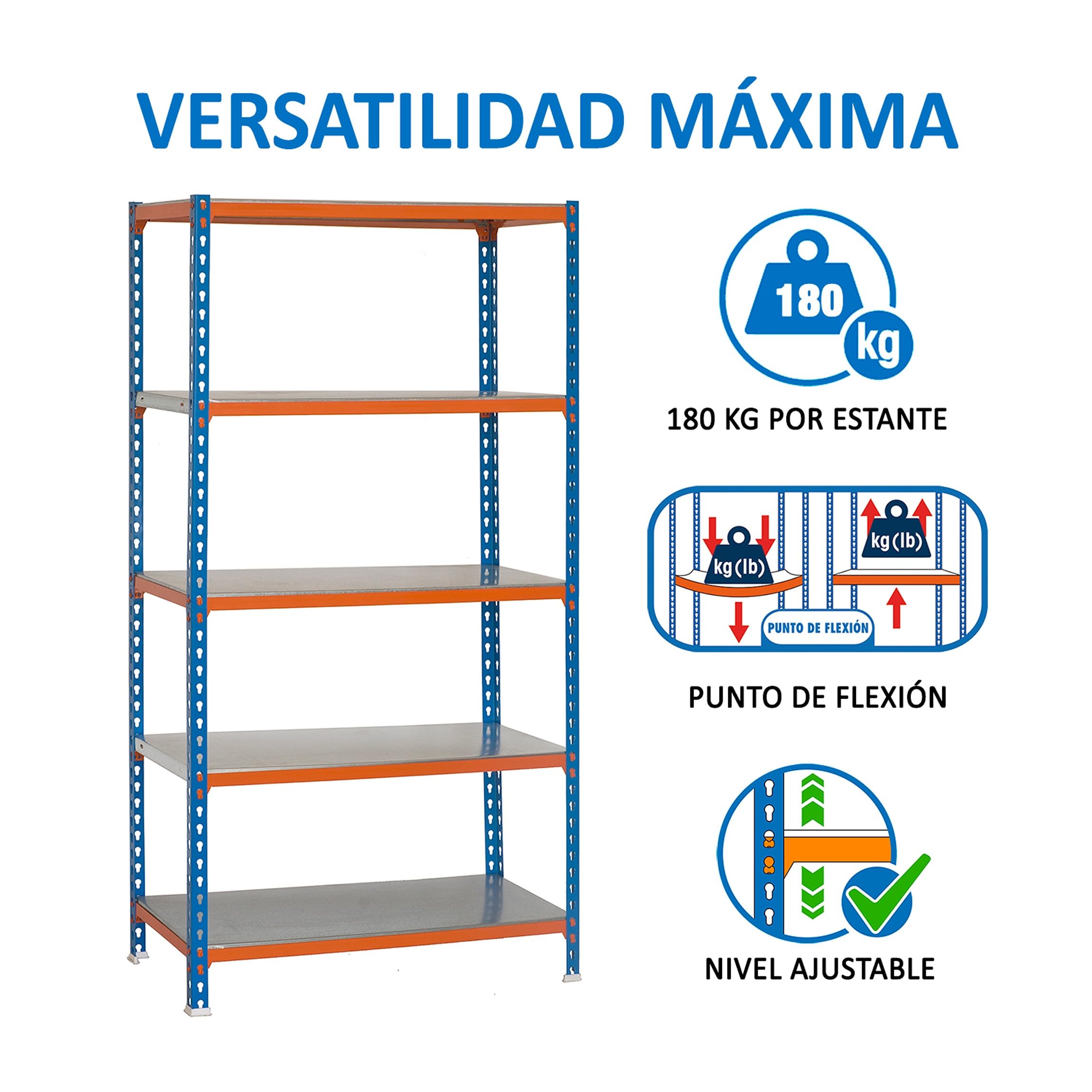 SimonRack Estantería Metálica Almacenaje, Sin tornillos, 5 Baldas, Alta Capacidad Carga 180 kg, 1800x800x300 mm, Estantería Garaje Trastero, Azul/Naranja/Galva