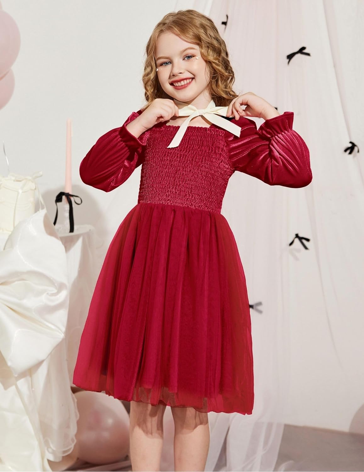 Arshiner Toddler Velvet Tutu Dress Tulle Puff Long Sleeve Square Neck Smocked Fall Winter Formal Party Birthday Dresses - Image 4