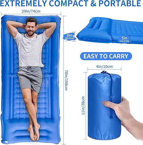 Miniatura 2 de Colchoneta de dormir para acampar de 78 x 29 x 5 pulgadas, colchón de aire compacto e impermeable mejorado, bomba de pie incorporada, colchoneta