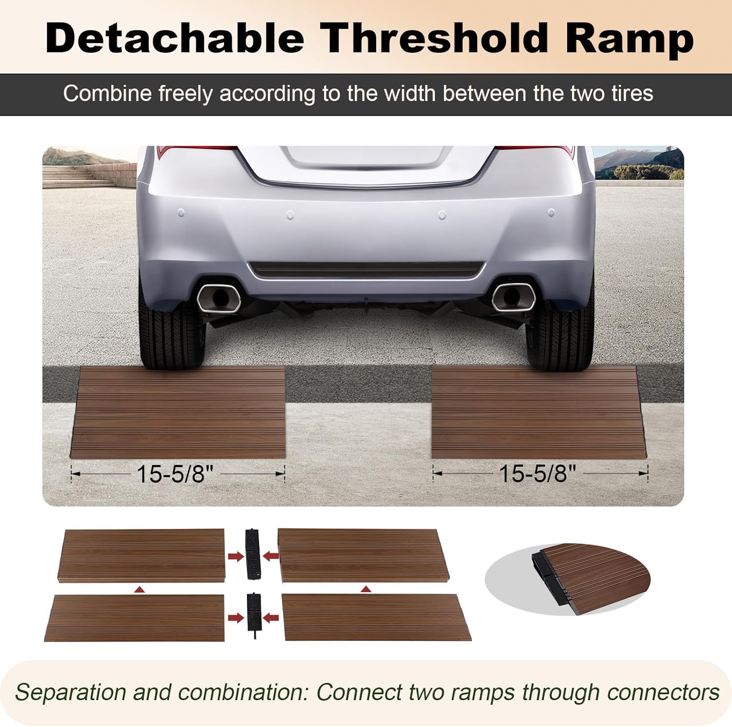 Ruedamann 2" Rise Modular Threshold Ramp for Doorways, 2200 lbs Capacity, Elegant Dark Wood Grain Door Threshold Ramp, Aluminum Non-Slip Door Ramps for Wheelchair, Walker, Scooter, Pets, 2 Pcs