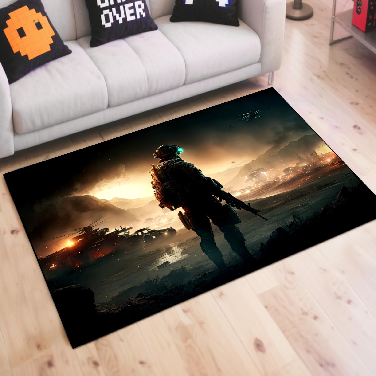 Shooting Game Rug Teen Boys Carpet with Battle Games Element Decoration Mat, War Game Rugs for Boy’s Bedroom Living Room Playroom, Non-Slip Children