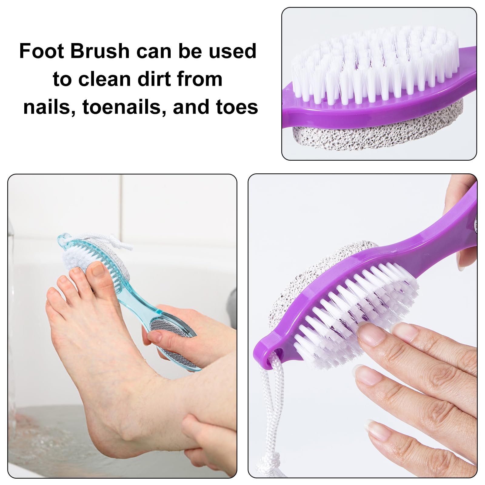 Spazzola in pietra pomice per piedi 4 in 1, scrubber per piedi doccia, lima per piedi, rimozione calli, raspa per piedi e carta abrasiva, strumenti per pedicure con manico, piedi morbidi e